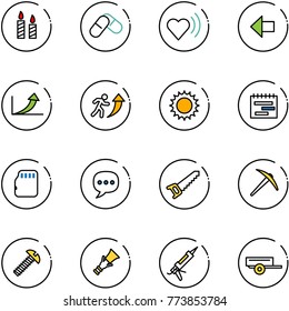 line vector icon set - candle vector, pills, heart beat, left arrow, growth, career, sun, terms plan, micro flash card, chat, saw, axe, screw, dowel, gun sealant, trailer