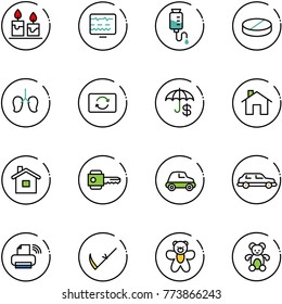 line vector icon set - candle vector, diagnostic monitor, drop counter, pill, lungs, card exchange, insurance, home, key, car, limousine, printer wireless, scythe, bear toy