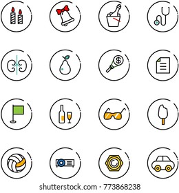 line vector icon set - candle vector, bell, champagne, stethoscope, kidneys, pear, money torch, document, flag, wine, sunglasses, ice cream, volleyball, projector, nut, car