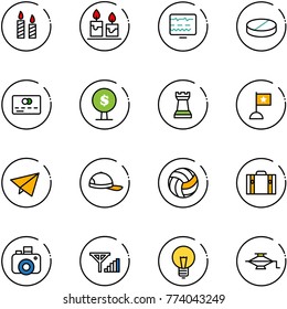 line vector icon set - candle vector, diagnostic monitor, pill, credit card, money tree, chess tower, flag, paper fly, cap, volleyball, suitcase, camera, fine signal, bulb, jack