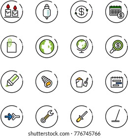 line vector icon set - candle vector, drop counter, dollar exchange, calendar, attachment, globe, search money, highlight marker, shell, bucket scoop, terms plan, connect, wrench, clinch, rake