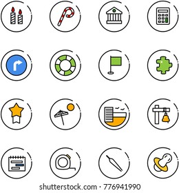 line vector icon set - candle vector, lollipop, bank, calculator, only right road sign, lifebuoy, flag, puzzle, star medal, beach, hotel, ship bell, terms plan, measuring tape, forceps, soother