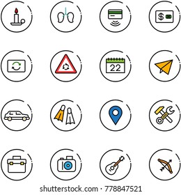line vector icon set - candle vector, lungs, tap pay, credit card, exchange, round motion road sign, calendar, paper fly, limousine, flippers, navigation pin, wrench hammer, tool box, camera, guitar