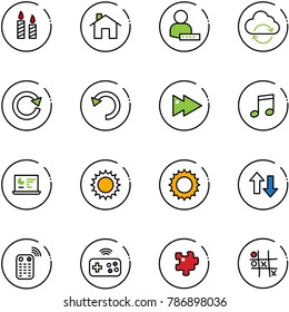 line vector icon set - candle vector, home, user password, refresh cloud, reload, undo, fast forward, music, statistics monitor, sun, up down arrows, remote control, joystick wireless, puzzle