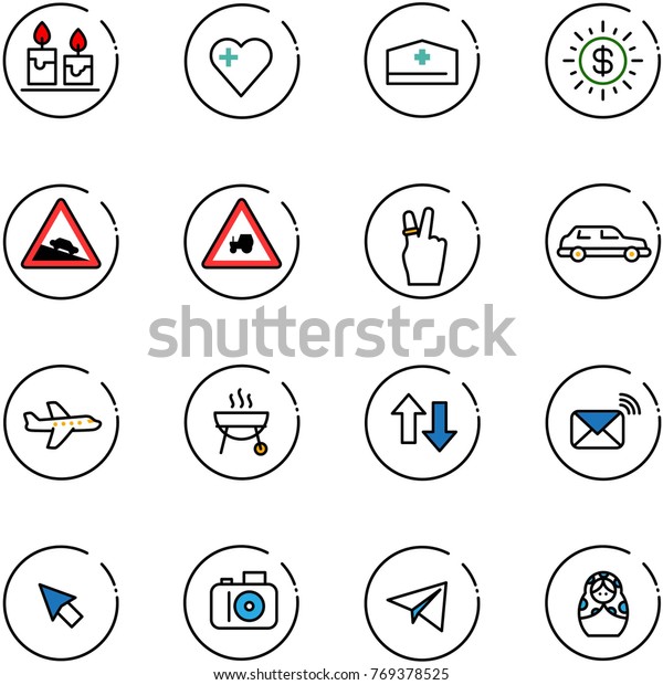 line vector icon set - candle vector, heart, doctor\
hat, dollar sun, steep descent road sign, tractor way, victory,\
limousine, plane, grill, up down arrows, wireless mail, cursor,\
camera, paper