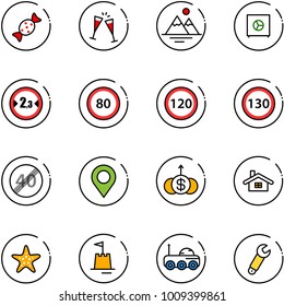 line vector icon set - candy vector, wine glasses, mountains, safe, limited width road sign, speed limit 80, 120, 130, end, map pin, dollar growth, home, starfish, sand castle, moon rover, wrench