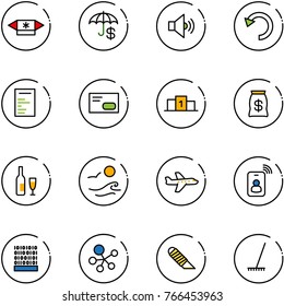 line vector icon set - candy vector, insurance, volume medium, undo, document, envelope, pedestal, money bag, wine, waves, plane, identity card, binary code, molecule, work knife, rake