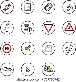 line vector icon set - candy vector, diet list, pills blister, banana, pear, account history, giving way road sign, intersection, speed limit 90, check, document, feet, woman hat, satellite antenna