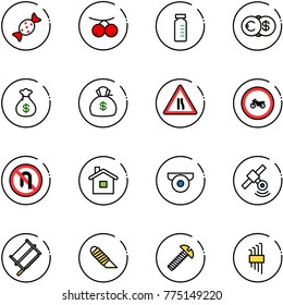 line vector icon set - candy vector, rowanberry, vial, euro dollar, money bag, Road narrows sign, no moto, turn back, home, surveillance camera, satellite, bucksaw, work knife, screw, allen key set