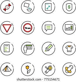 line vector icon set - candy vector, cereal, x ray, safe, giving way road sign, no cart horse, chat, statistics, document, presentation, highlight marker, t shirt, tent, tulip, Angular grinder