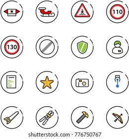 line vector icon set - candy vector, sleigh, pedestrian road sign, speed limit 110, 130, no, shield, manager, document, starfish, photo, laser, saw, bolt cutter, screw, bow