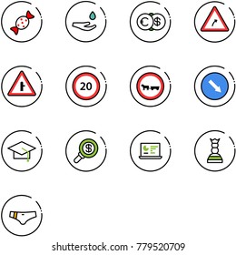 line vector icon set - candy vector, drop hand, euro dollar, turn right road sign, intersection, speed limit 20, no cart horse, detour, graduate hat, search money, statistics monitor, chess queen