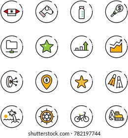 line vector icon set - candy vector, dog, vial, money torch, network folder, star, growth arrow, solution, atm map pin, starfish, flippers, palm, hand wheel, bike, excavator toy