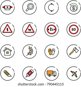 line vector icon set - candy vector, bacteria, cent, money back, intersection road sign, cow, limited width, speed limit 80, home, golden branch, flip flops, axe, work knife, marker, truck toy, bow