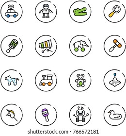 line vector icon set - car toy vector, robot, crocodile, beanbag, xylophone, elephant wheel, hammer, horse, train, bear, wirligig, unicorn stick, duck