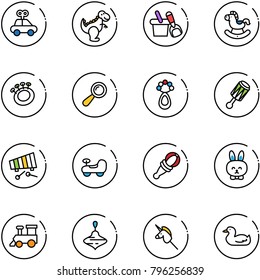 line vector icon set - car toy vector, dinosaur, shovel bucket, rocking horse, beanbag, xylophone, baby, rabbit, train, wirligig, unicorn stick, duck