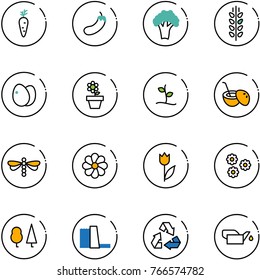 line vector icon set - carrot vector, eggplant, broccoli, spica, eggs, flower pot, sproute, coconut cocktail, dragonfly, tulip, forest, water power plant, recycling, oiler