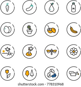 line vector icon set - carrot vector, eggplant, pear, milk, eggs, flower pot, coconut cocktail, banana, palm, dragonfly, tulip, forest, recycling, oiler