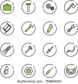 line vector icon set - case vector, work, gear, axe, bucksaw, mason hammer, wrench, bolt cutter, nail, clinch, sickle, winch, awl, sharpening