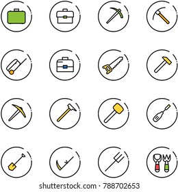 line vector icon set - case vector, portfolio, job, rock axe, suitcase, saw, hammer, mason, rubber, chisel, shovel, scythe, farm fork, toy