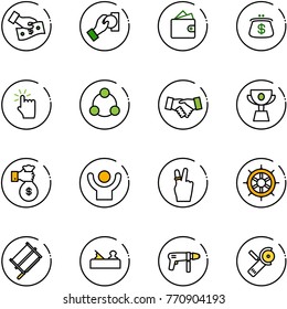 line vector icon set - cash pay vector, wallet, purse, hand touch, social, agreement, cup, rich, success, victory, wheel, bucksaw, jointer, drill machine, Angular grinder