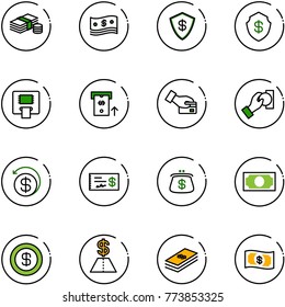 line vector icon set - cash vector, safe, atm, card pay, money back, check, purse, dollar
