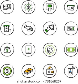 line vector icon set - cash vector, dollar sun, atm, receipt, card pay, check, purse, mobile payment, money, finance management, identity