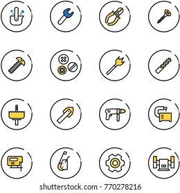 line vector icon set - casting of steel vector, wrench, side cutters, screw, rivet, wood drill, crown, tile, machine, tool, jig saw, winch, gear, sharpening