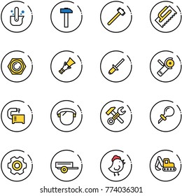 line vector icon set - casting of steel vector, hammer, sledgehammer, trowel, nut, dowel, clinch, Angular grinder, machine tool, protect glass, wrench, oiler, gear, trailer, chicken toy, excavator