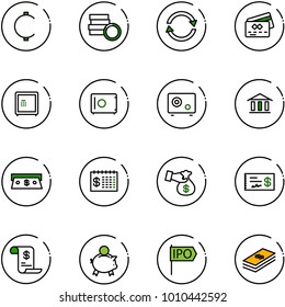 line vector icon set - cent vector, coin, exchange, credit card, safe, bank, cash, finance calendar, encashment, check, account history, piggy, ipo, dollar