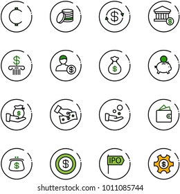 line vector icon set - cent vector, coin, dollar exchange, account, bank, money bag, piggy, investment, cash pay, wallet, purse, ipo, managemet