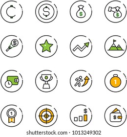 line vector icon set - cent vector, dollar coin, money bag, encashment, torch, star, growth arrow, attainment, wallet time, cup, career, gold medal, target, chart, finance management