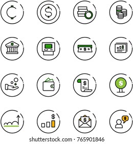 line vector icon set - cent vector, dollar coin, bank, atm, cash, statistics report, pay, wallet, account history, money tree, growth, chart, mail, dialog