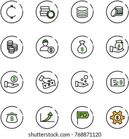 line vector icon set - cent vector, coin, account, money bag, investment, cash pay, check, purse, growth arrow, ipo, managemet
