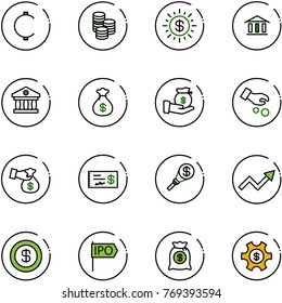 line vector icon set - cent vector, coin, dollar sun, bank, money bag, investment, encashment, check, torch, growth arrow, ipo, managemet