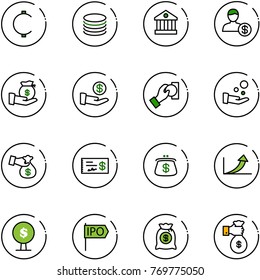 line vector icon set - cent vector, coin, bank, account, investment, cash pay, encashment, check, purse, growth arrow, money tree, ipo, bag, rich