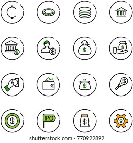 line vector icon set - cent vector, coin, bank, account, money bag, investment, cash pay, wallet, purse, torch, dollar, ipo, managemet