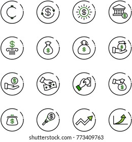 line vector icon set - cent vector, dollar exchange, sun, account, bank, money bag, investment, cash pay, encashment, purse, torch, growth arrow
