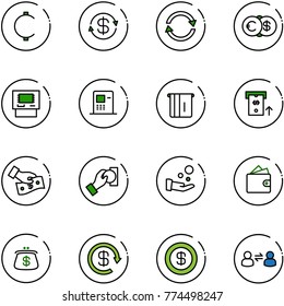 line vector icon set - cent vector, dollar exchange, euro, atm, cash pay, wallet, purse, reload, information
