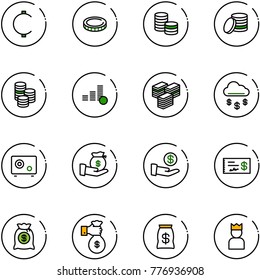 line vector icon set - cent vector, coin, big cash, money rain, safe, investment, check, bag, rich, king