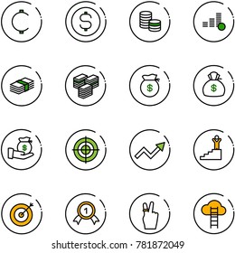 line vector icon set - cent vector, dollar coin, big cash, money bag, investment, target, growth arrow, success, gold medal, victory, cloud ladder