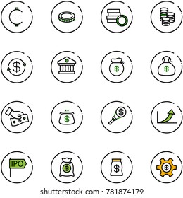 line vector icon set - cent vector, coin, dollar exchange, bank, money bag, cash pay, purse, torch, growth arrow, ipo, managemet