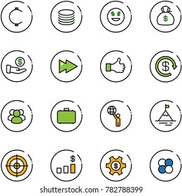 line vector icon set - cent vector, coin, dollar smile, money bag, investment, fast forward, like, reload, group, case, world, mountain, target, chart, managemet, atom core