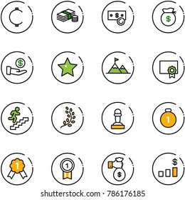 line vector icon set - cent vector, cash, money bag, investment, star, attainment, certificate, career, golden branch, pawn, gold medal, rich, dollar chart