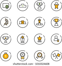 line vector icon set - certificate vector, pedestal, cup, success, golden branch, winner, win, gold, award, medal, flags cross