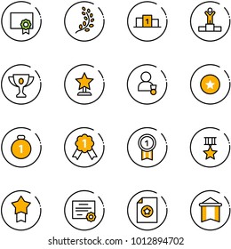 line vector icon set - certificate vector, golden branch, pedestal, winner, gold cup, award, star medal, pennant