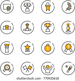 line vector icon set - certificate vector, cup, success, golden branch, pedestal, winner, win, award, gold medal, flags cross, baseball bat
