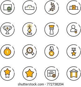 line vector icon set - certificate vector, pedestal, golden branch, gold cup, award, winner, medal, star, pennant