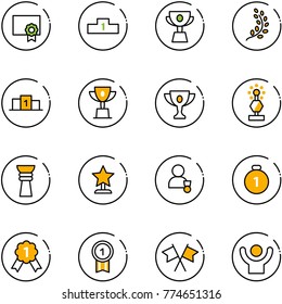 line vector icon set - certificate vector, pedestal, cup, golden branch, win, gold, award, winner, medal, flags cross, success