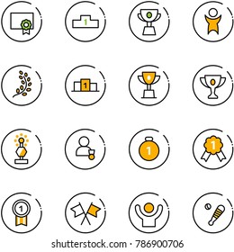 line vector icon set - certificate vector, pedestal, cup, success, golden branch, win, gold, award, winner, medal, flags cross, baseball bat